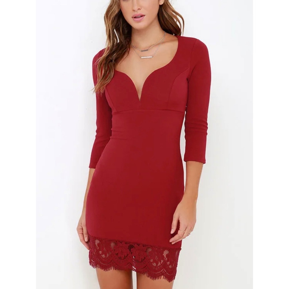 Lulus Red Lace Trim Bodycon Dress Sweetheart Neck 3/4 Sleeve Small